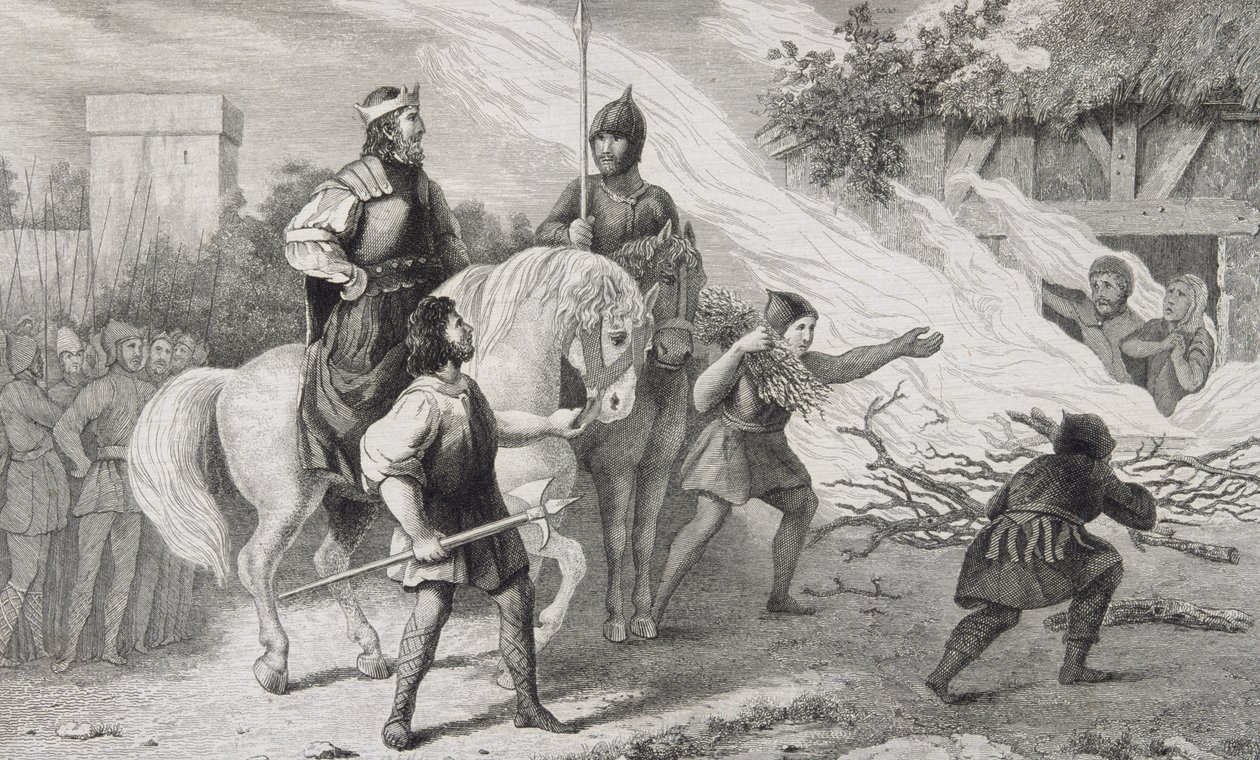 Chlotaire I (497-561) elégeti lázadó fiát és családját, Colart „Histoire de France” című művéből, 1840 körül. alkotó: French School