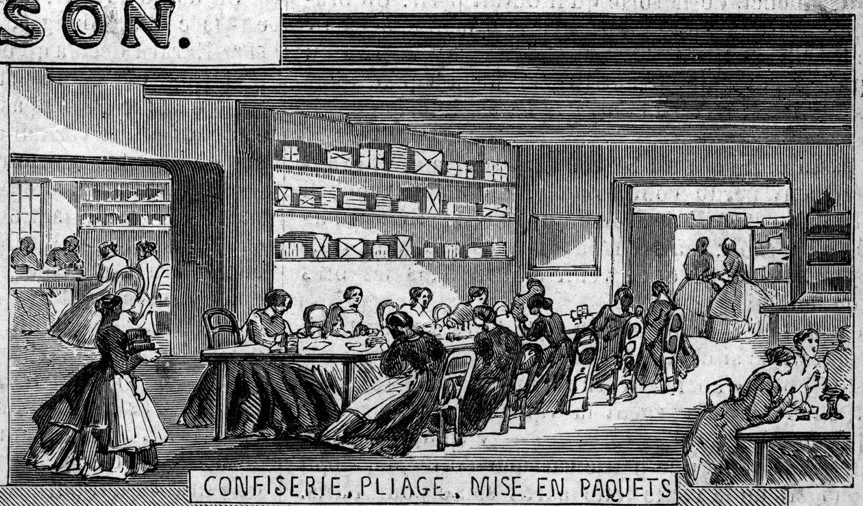 Csokoládégyártás: csokoládécukor konfekció, hajtogató műhely és csomagolás. Usine de M. Masson, Párizs alkotó: French School