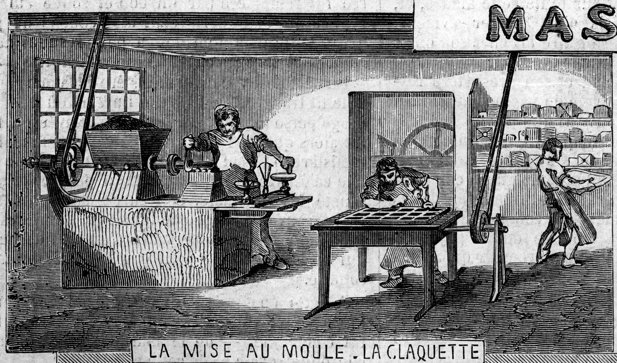 Csokoládégyártás: mérés és formázás, csap. Usine de M. Masson, Párizs alkotó: French School