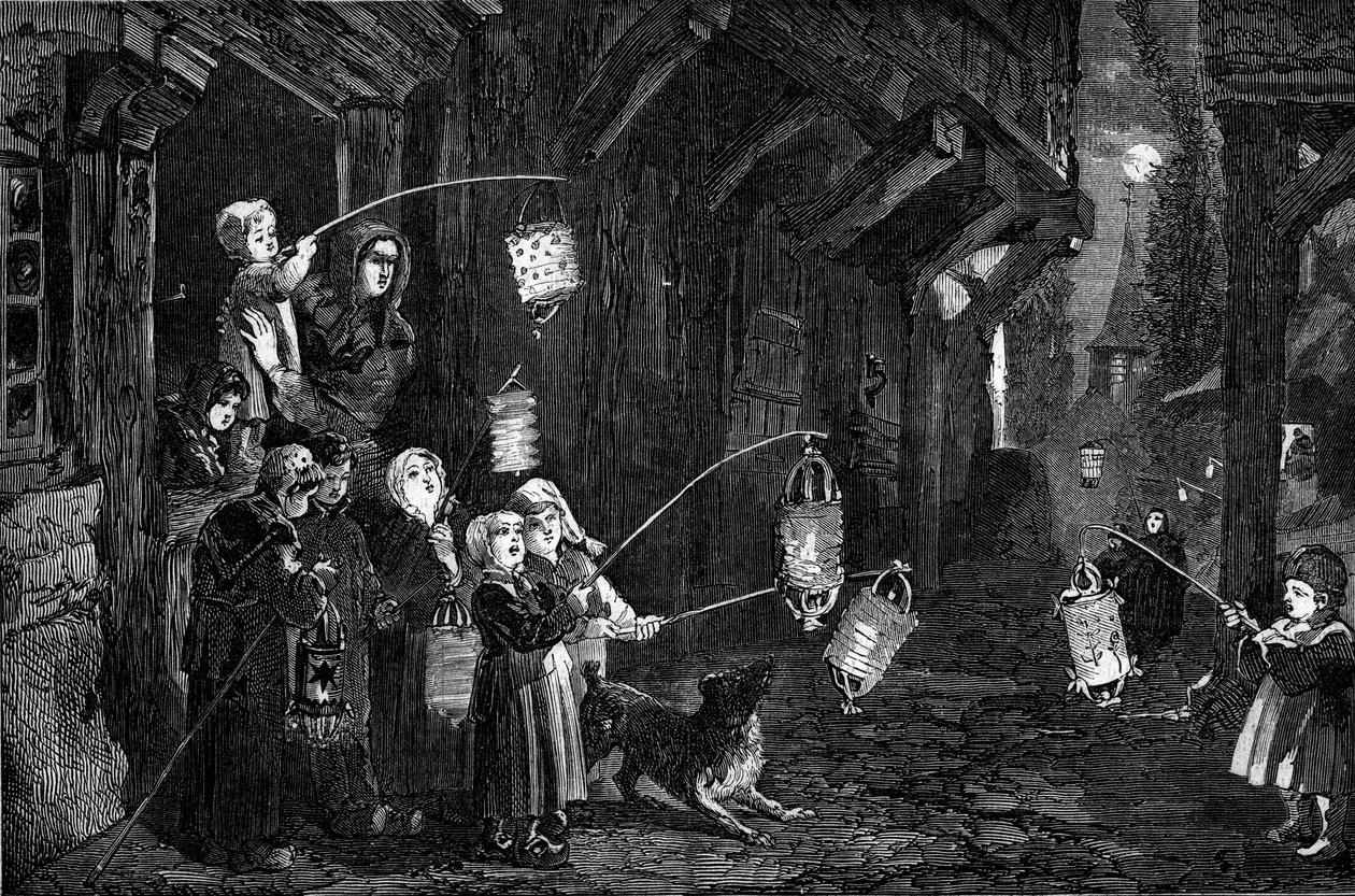 Keresztény szokások - Vízkereszt - 1860: egy normandiai falu gyermekei lámpásokkal sétálnak az utcákon. Metszet a „” Le Monde Illustré”” 143. számában, 1860. január 7. alkotó: French School