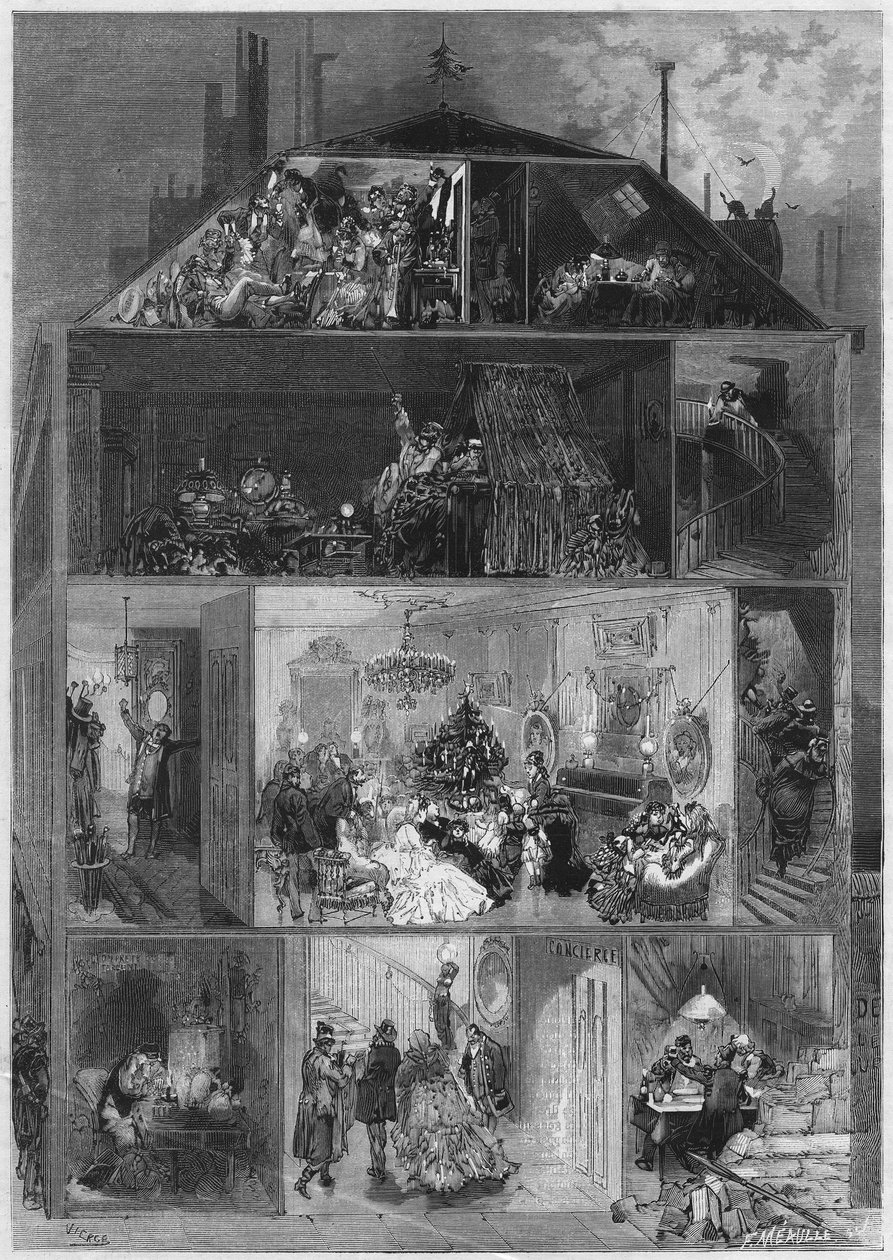 Szenteste: egy párizsi épület keresztmetszete, amely a szilveszter ünneplésének különböző módjait mutatja be. Metszet a „” Le Monde Illustré”” 810. számában, 1872. október 19. alkotó: French School