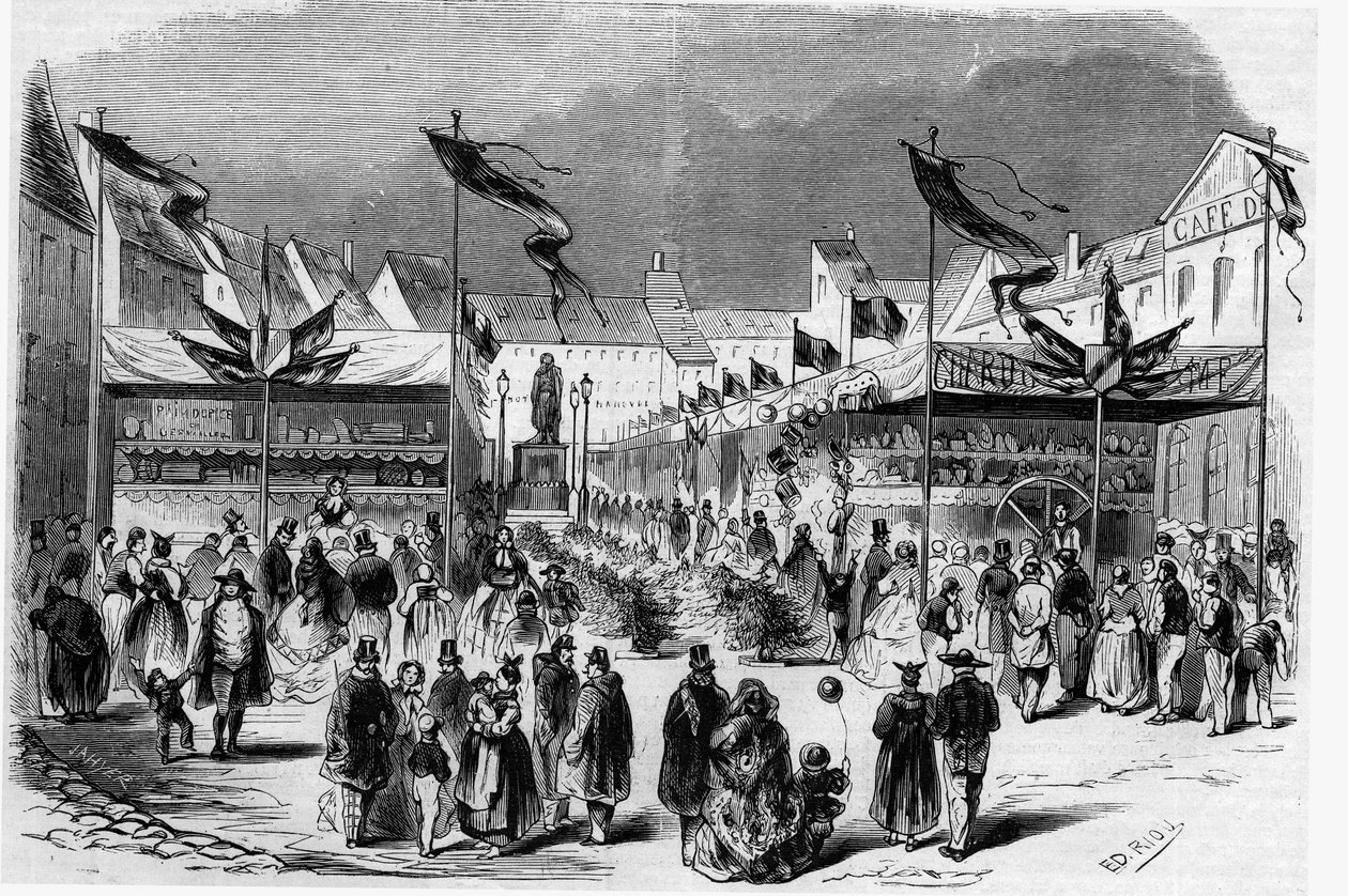 Karácsonyi fesztivál Elzászban: a (kis Jézus) karácsonyi vásár Strasbourgban 1857-ben. Metszet a „” Le Monde Illustré” 38. számában, január 2. alkotó: French School