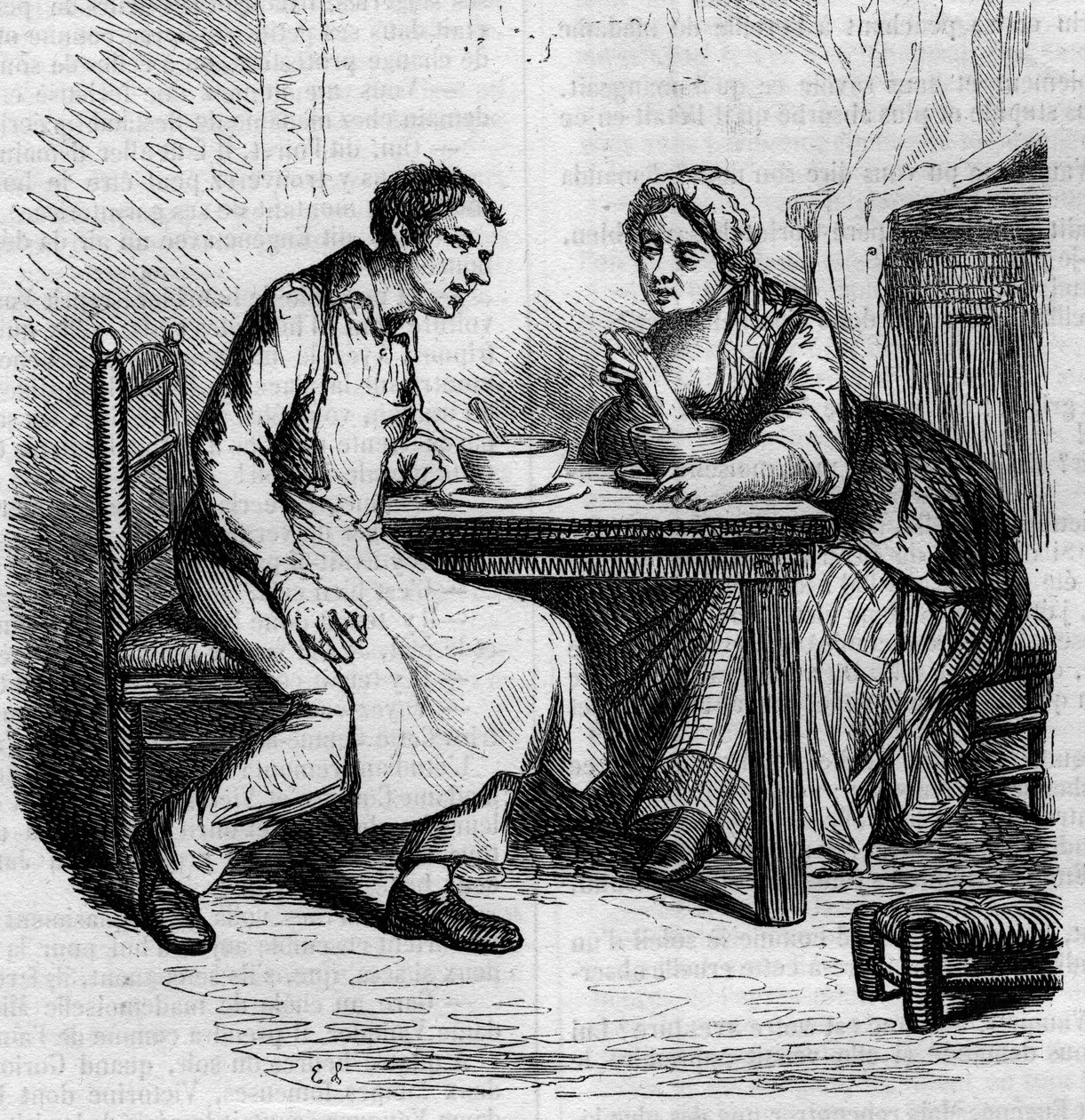 Christophe és a kövér Sylvie: szolgák reggeliznek. Metszet 19. század közepe. Illusztráció Honore de Balzac (1799-1850) „The Father Goriot”-hoz. alkotó: French School