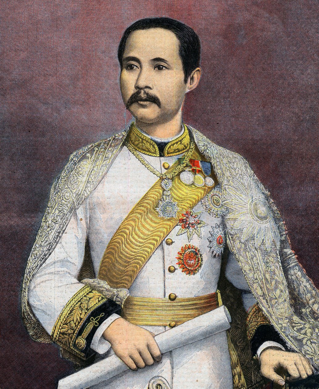 Chulalongkorn (1853-1910), Sziám királya. 1897-ben Chulalongkorn volt az első sziámi uralkodó, aki Európába látogatott. Illusztráció a Le petit Journalból alkotó: French School