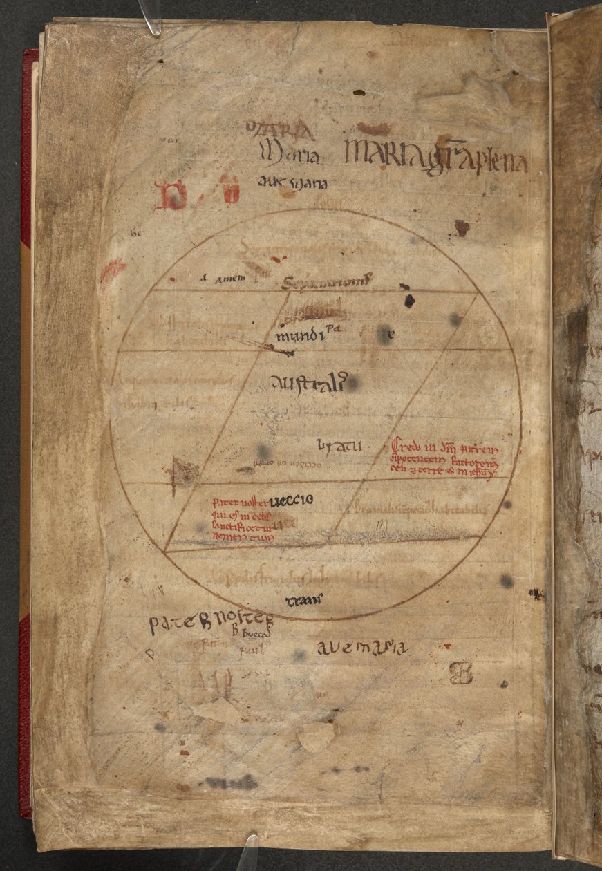 Körkörös tintadiagramok barna és vörös tintával a világ lakható és lakhatatlan zónáiról, illusztráció a „Liber Monstrorum”-ból, Bede (vellum) alkotó: French School