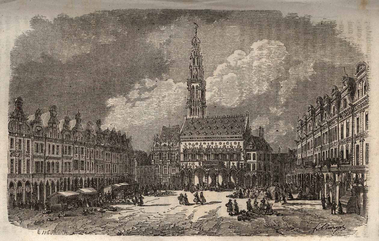 Arras város városháza és harangtornya – Victor Duruy (1811-1894) „Histoire de France” című metszete – 1882 alkotó: French School