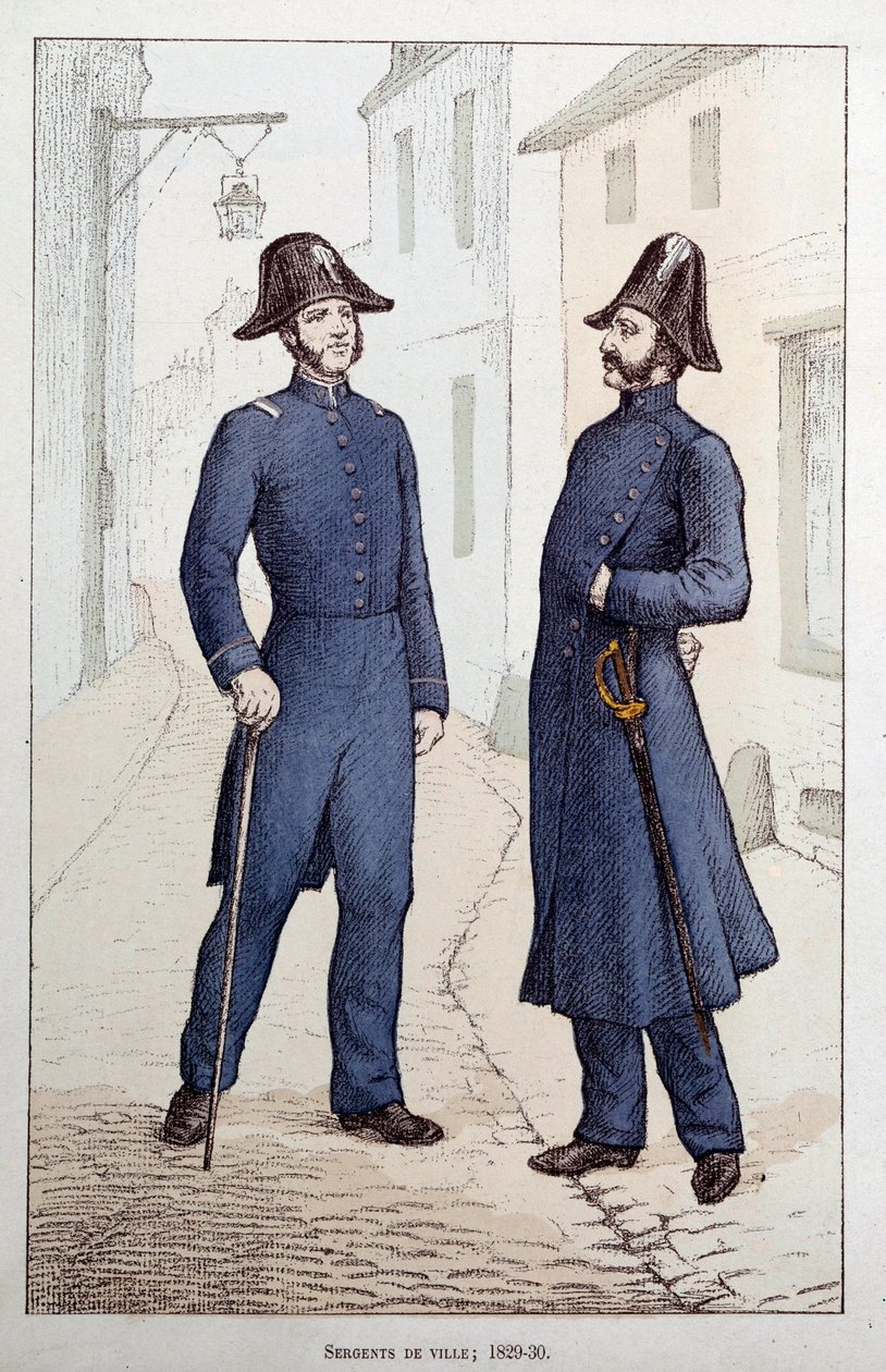 Városi őrmesterek. Két rendvédelmi tiszt beszélget. Litográfia 1829-1830 körül, Párizs rendőrségi prefektúrája alkotó: French School