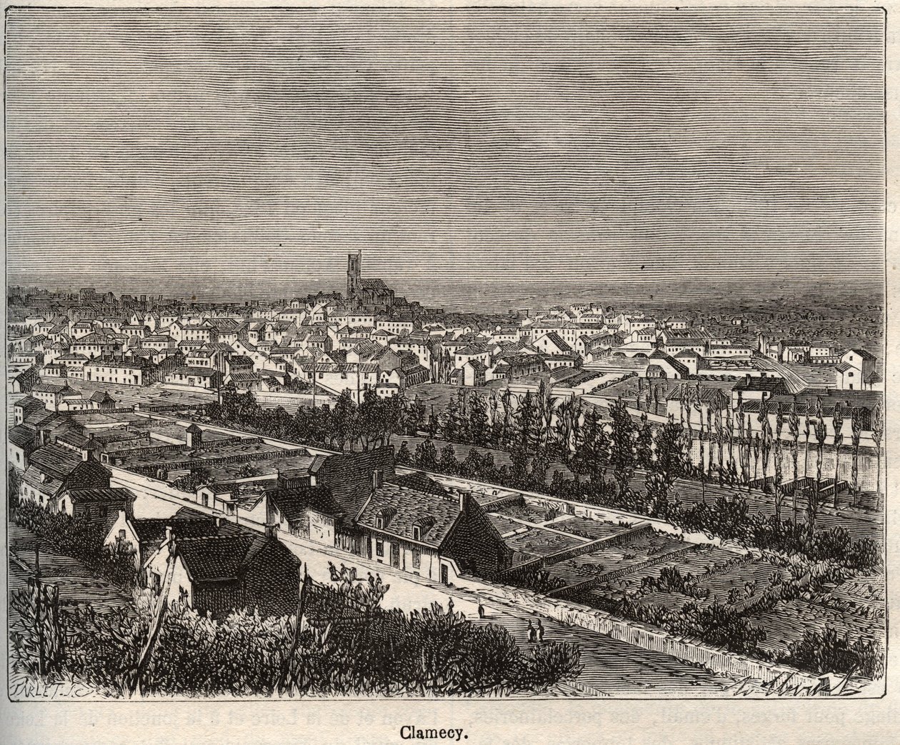 Clamecy - Nievre - Burgundia - metszet a „La France illustree: földrajz, történelem, statisztikai igazgatás” könyvében, V.A. Maláta-barna. 1884 alkotó: French School