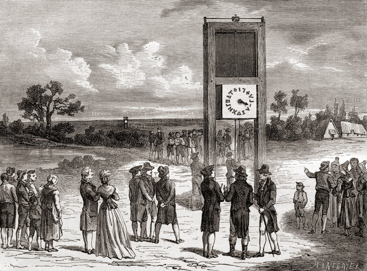 Claude Chappe bemutatja első légtávírórendszerét 1791-ben, a Les Merveilles de la Science című, 1870 körül megjelent kötetből (metszet). alkotó: French School
