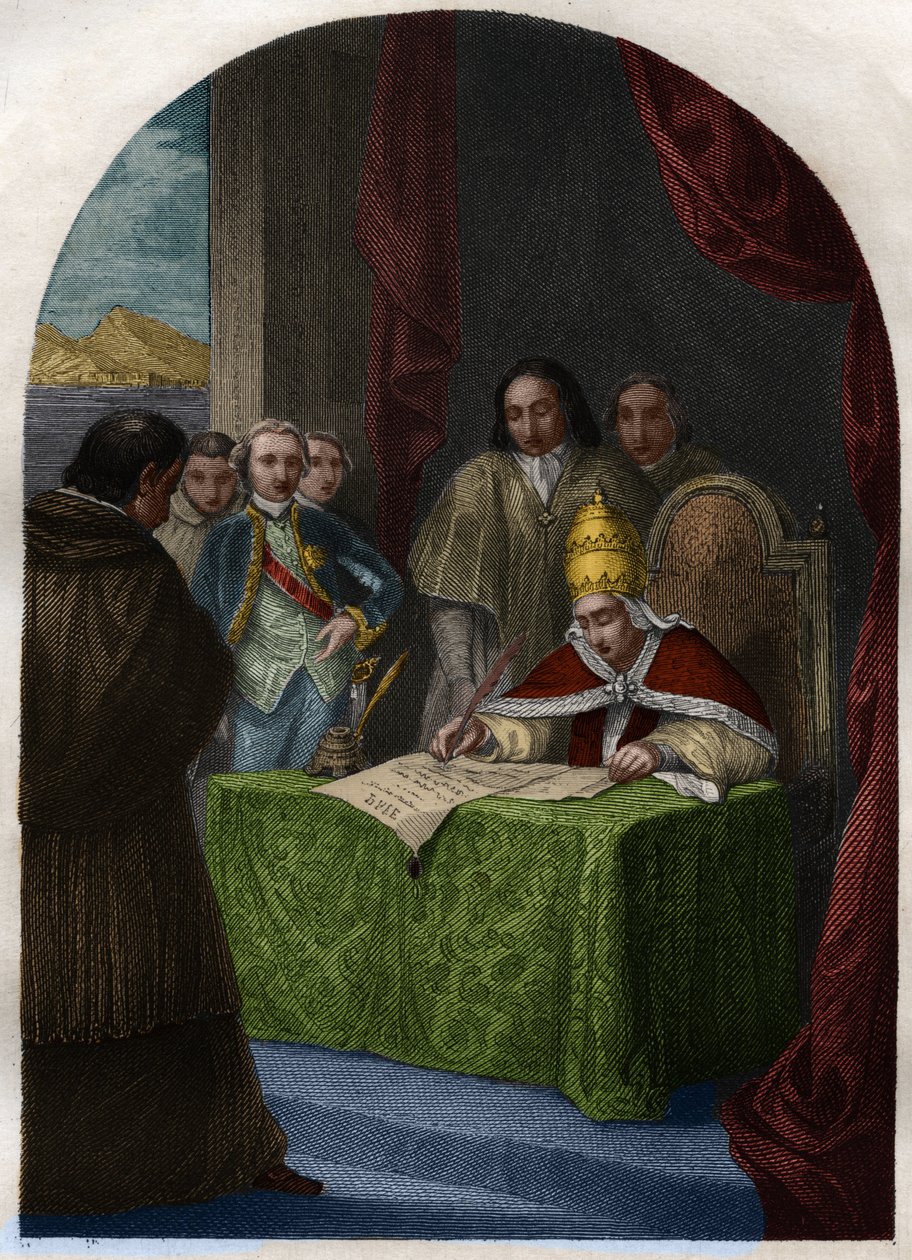 XIV. Kelemen (Clemente vagy Clemens) (1705-1774) a Jezsuita Társaság felszámolásáról 1773. július 21-én. Vésett 1842-ből a „Histoire des Popes: bűnök, gyilkosságok, mérgezések, paricidák, házasságtörések, vérfertőzés...” című könyvében Maurice Lachatre. Ma alkotó: French School