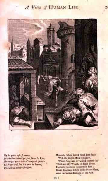 Az élethez való ragaszkodás, illusztráció Marin Le Roy de Gomberville (1600-74) "Az emberi élet szemlélete" című művéből, "Az erkölcs tanai"-ból, Daret metszete (metszet). alkotó: French School