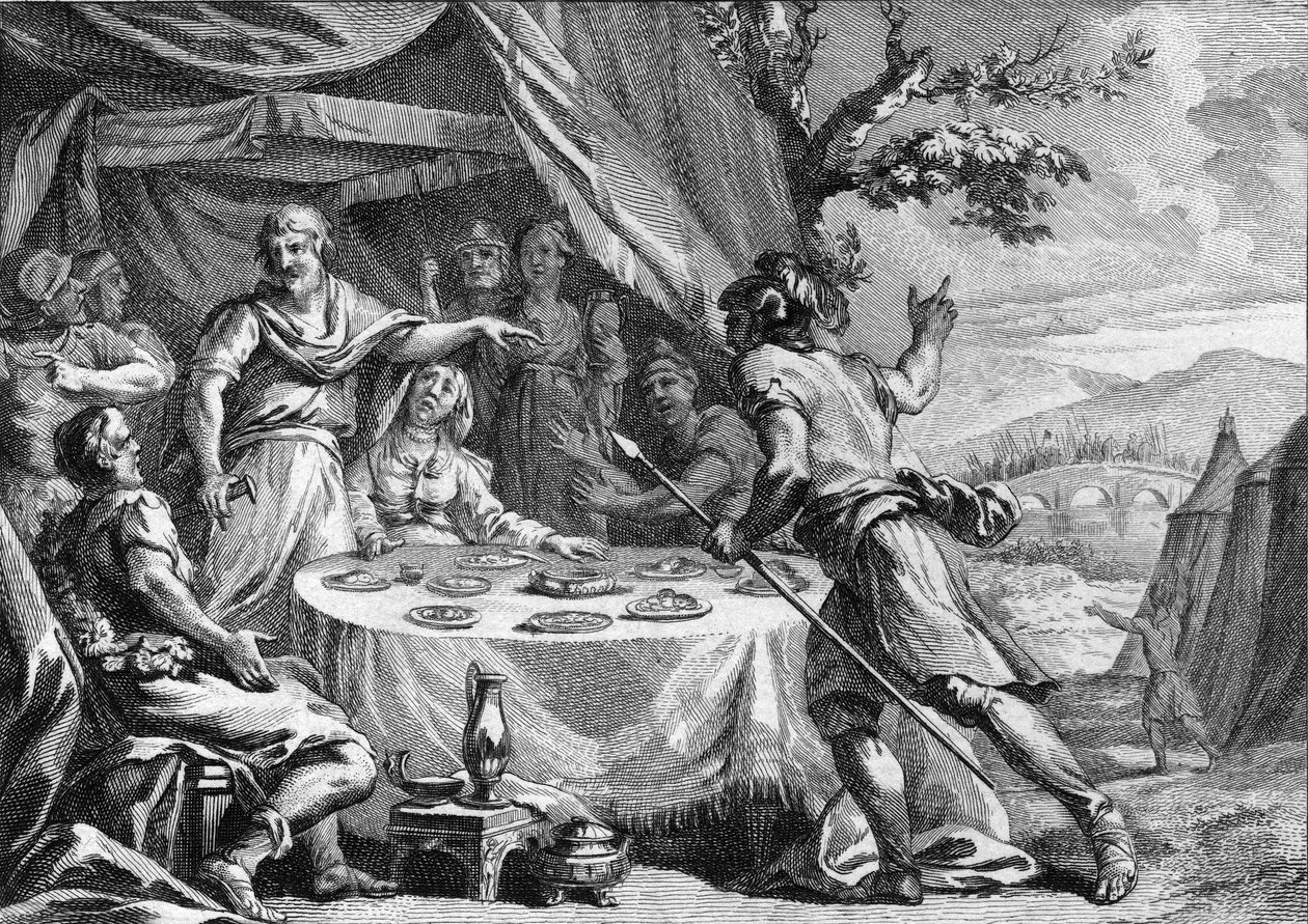 Hajú Clodion (kb. 400-448), a szaliánusok frankjainak vezére, értesülve Aetius tábornok, gall prefet csapatainak 432-ben történt meglepetésszerű támadásáról. 18. századi metszet. alkotó: French School