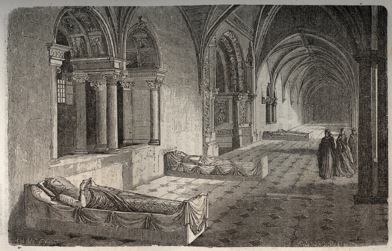 Fontevrault-i kolostor II. Henrik szobraival - Eleonore de Guyenne - metszet Victor Duruy (1811-1894) „Histoire de France” című könyvébe – 1882 alkotó: French School