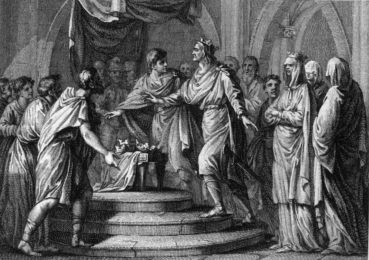 Clotaire (Clothaire) II (584-628), az első „Champ de mars”, vagyis a Placita (Plaids), ambuláns parlament elnöke a négy francia királyság 613-as újraegyesítése után. 18. századi metszet. alkotó: French School