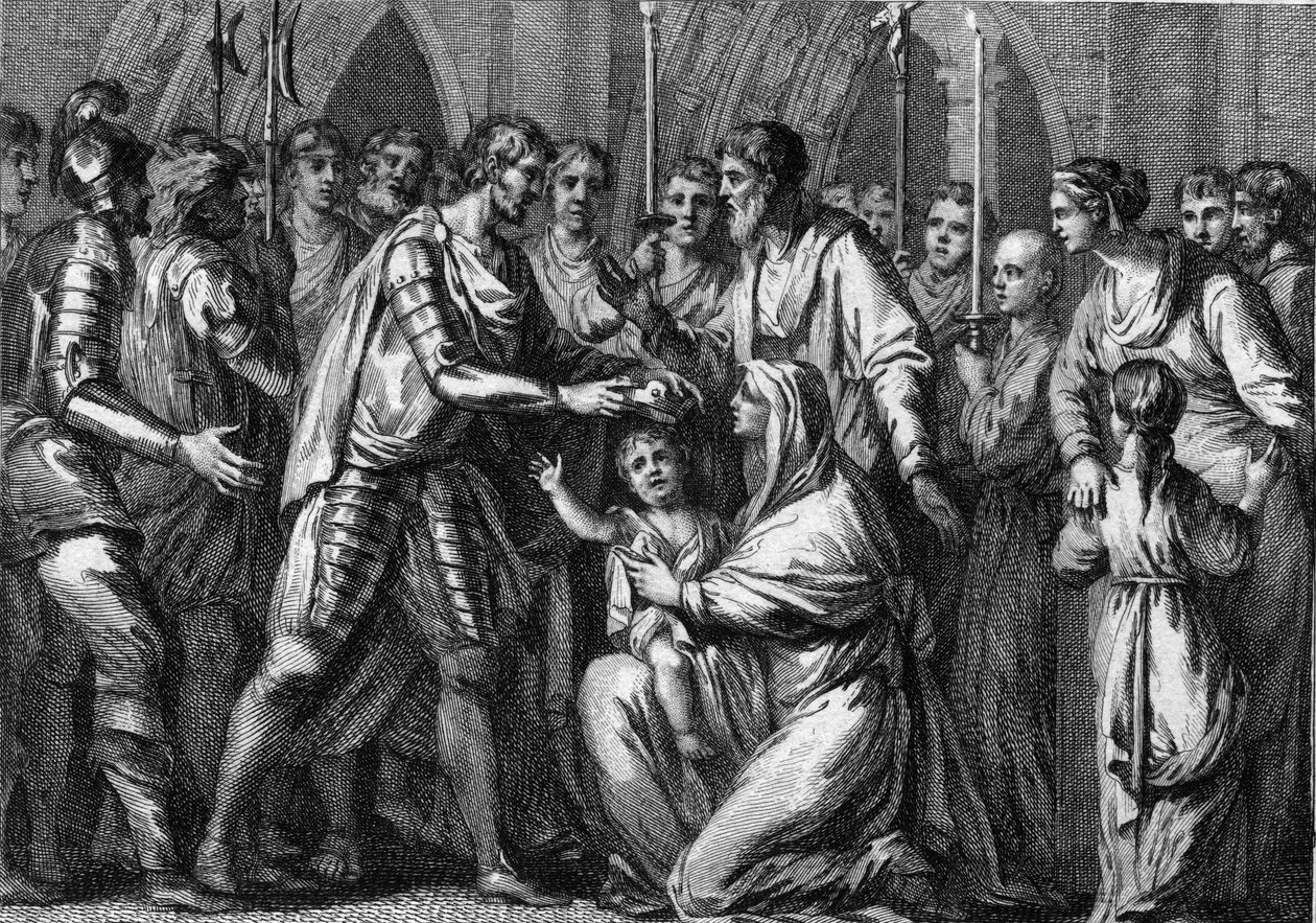 Clotaire (Clothaire) II, akit Fiatalként ismertek (584-628), Neustria koronakirályát nagybátyja, I. Gontran (kb. 545-592), Orléans és Burgundia királya koronázta meg. Édesanyja, Fredegonde királyné (kb. 545-597) tartja a karjában. 584. 18. századi metszet. alkotó: French School