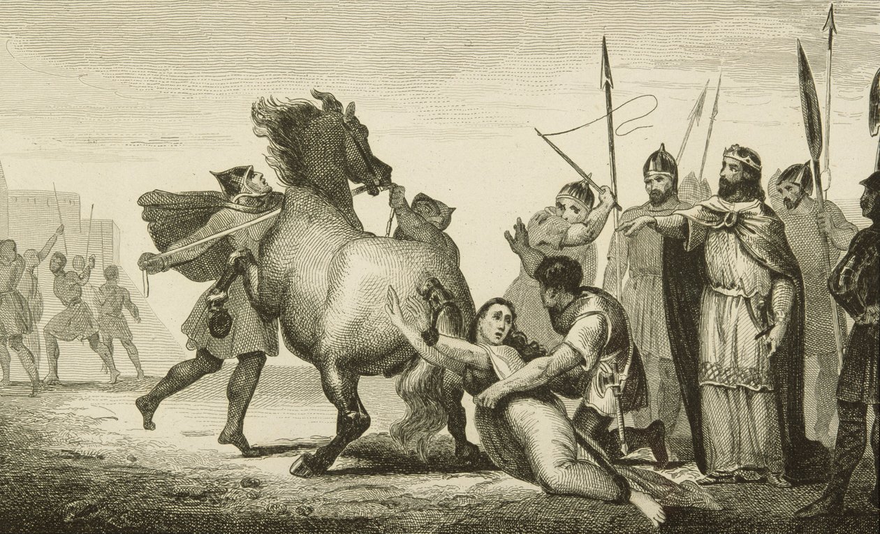 II. Clotaire (584-629) Brunhilda királynő kivégzésénél (613) Colart „Histoire de France” című művéből, 1840 körül megjelent alkotó: French School