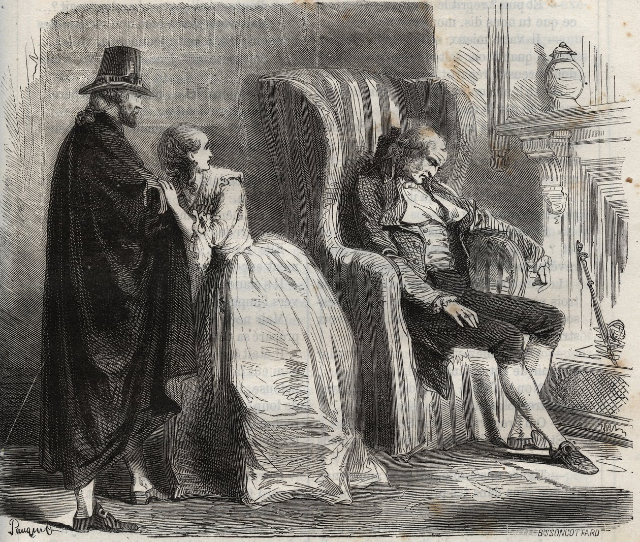 Clotilde Sprengel és Zacharie Bergmann nézi, amint Petrus Schultz német orvos aludt a 18. század előtt. Metszet 1871-ből Henry de Kock (1819-1892) „Histoire Des Cocuses Celebres” c. alkotó: French School