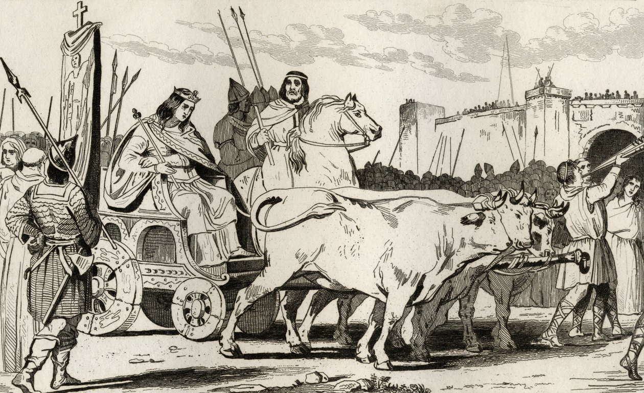 III. Clovis (682-95) ökrök által vontatta szekéren, mellette lovagolva Herstal Pepin II (714 körül), Colart „Histoire de France” című művéből, 1840 körül. alkotó: French School
