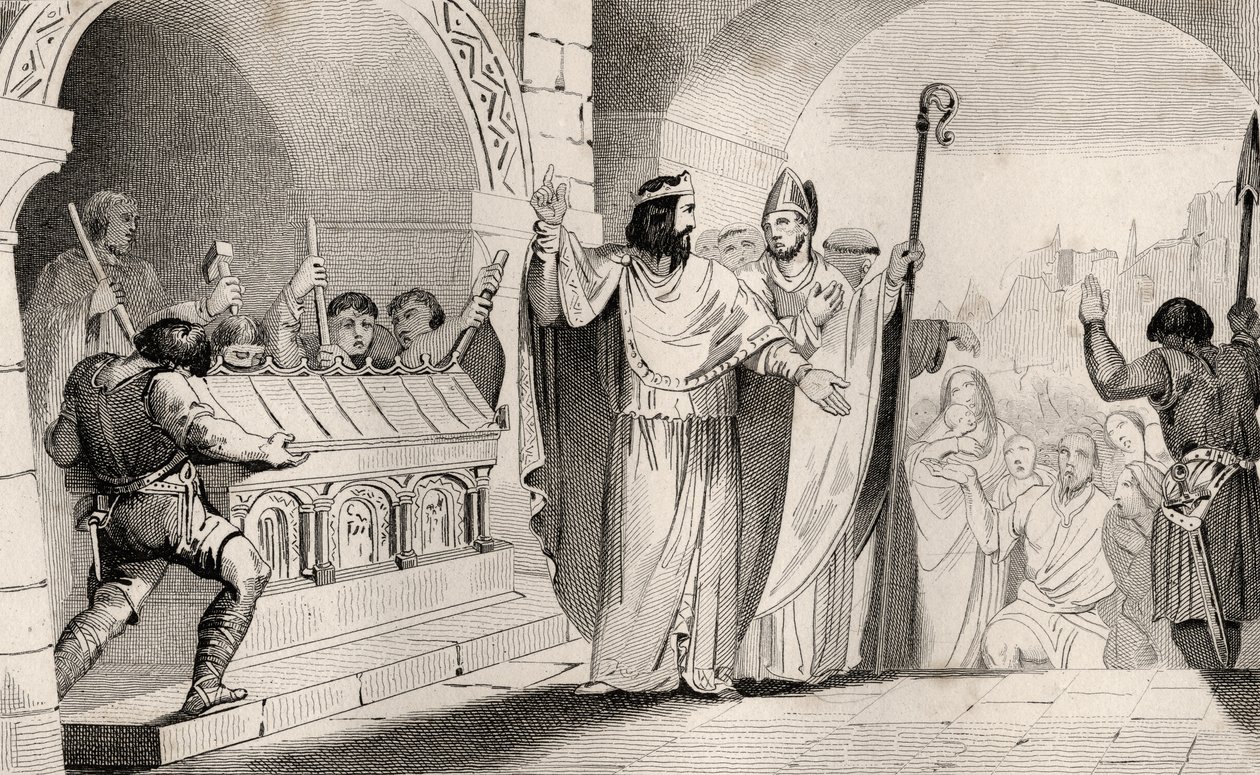 II. Clovis (635-57) Ezüst és arany eladása a szentélyből a szegények táplálására, Colart „Histoire de France” című művéből, 1840 körül. alkotó: French School