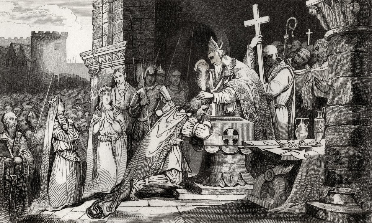 I. Clovis (465-511) a tolbiaci csata előtt seregének embereivel megkeresztelkedett, Colart „Histoire de France” című művéből, 1840 körül. alkotó: French School