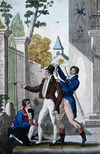 "Clozel, Pelissier és Armand" Louis-Benoit Picard "Les Deux Philibert" című vígjátékának III. felvonásának 7. jelenetében (színes litográfia) alkotó: French School