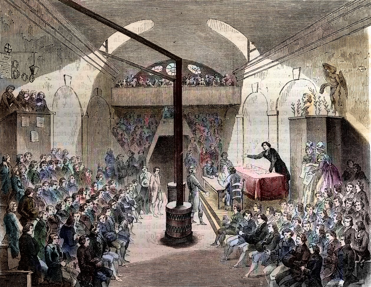Club des Jacobins - Paris rue Neuve-St Honore 1789 - Kilátás a jakobinusok klubjára. A Szent Domonkos Lovagrend egykori kolostora - Egy ülés a jakobinusok klubjában, az 1789-es forradalom idején - Az 1844-es metszet - a francia forradalom. Egy ülés a Jacob alkotó: French School