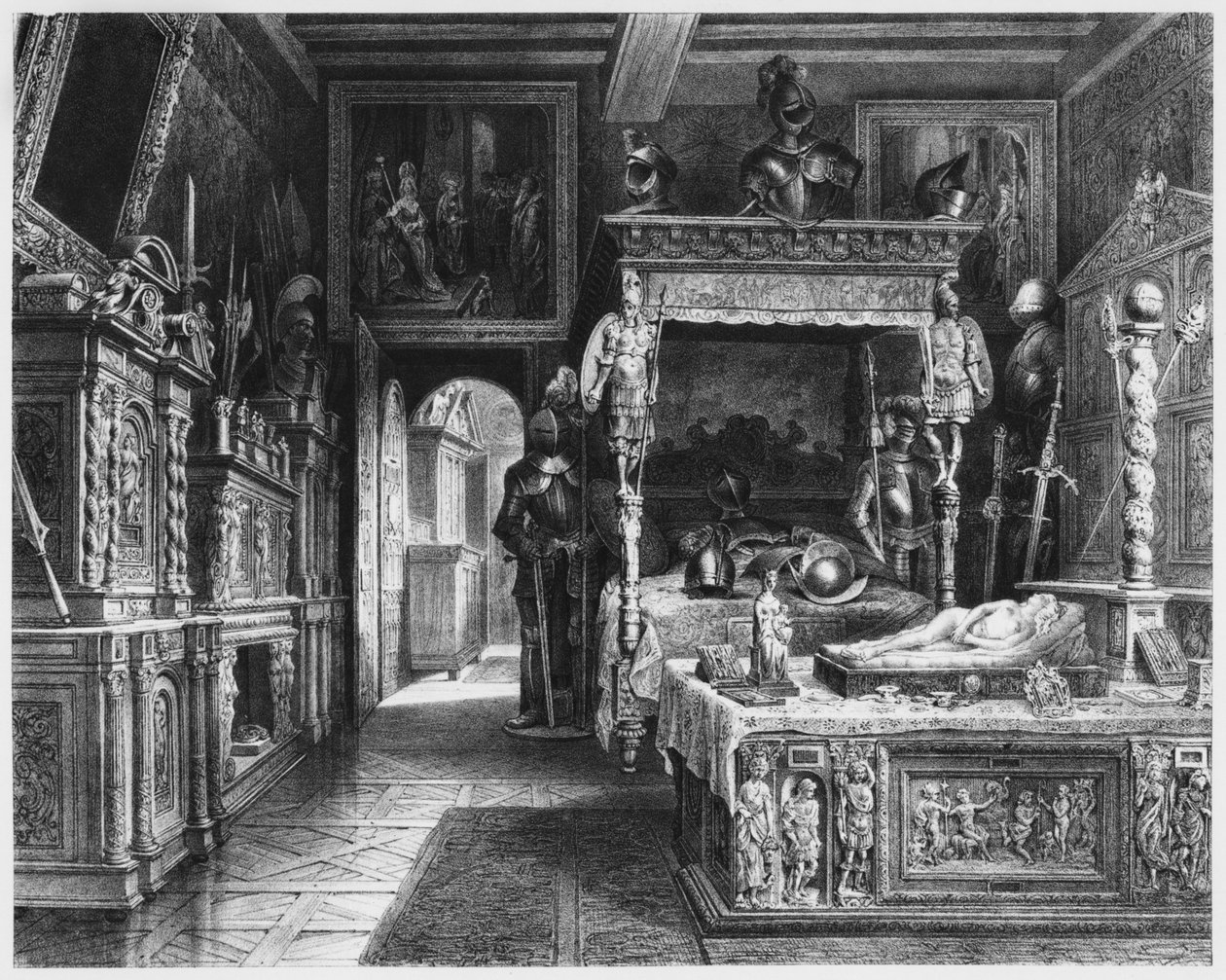 Cluny Hotel és Múzeum, I. Francois szobája, Párizs, illusztráció az Atlasból, Les Arts du Moyen Age..., Alexandre du Sommerard (1779-1842) 1840 alkotó: French School
