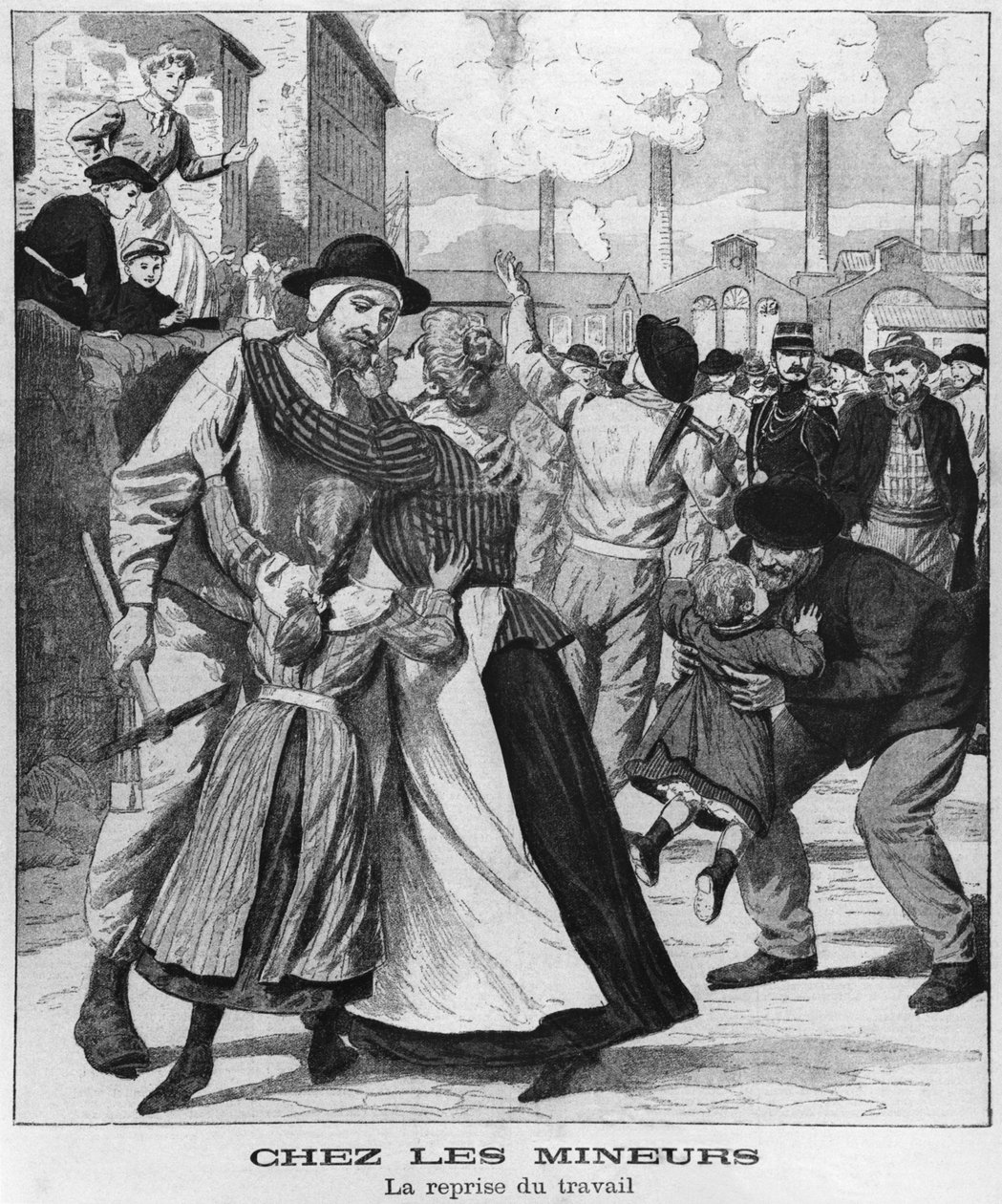 A szénbányászok visszatérnek dolgozni, illusztráció a Le Petit Journalból, 20. század eleje alkotó: French School