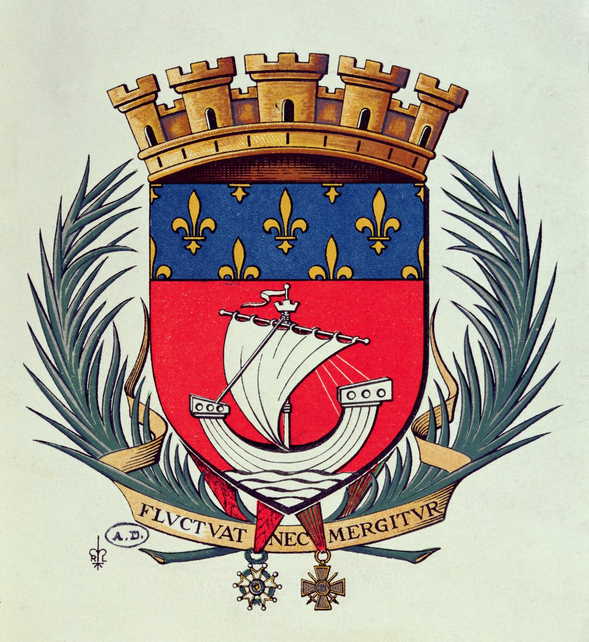 Párizs város címere Fluctuat Nec Mergitur mottóval (a hullámok dobálják, nem süllyed el) alkotó: French School