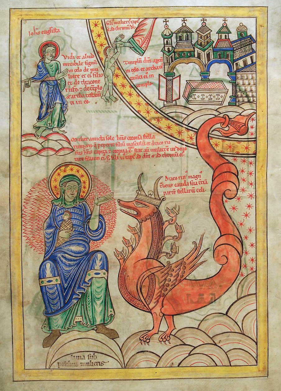 Tőkehal. Guelf. 1 Gud. lat. (14v), A skarlát nő, az utálatosságok anyja találkozik az Apokalipszis Fenevadjával, a Liber Floridusból, Lambert de Saint-Omer 1120 körül alkotó: French School