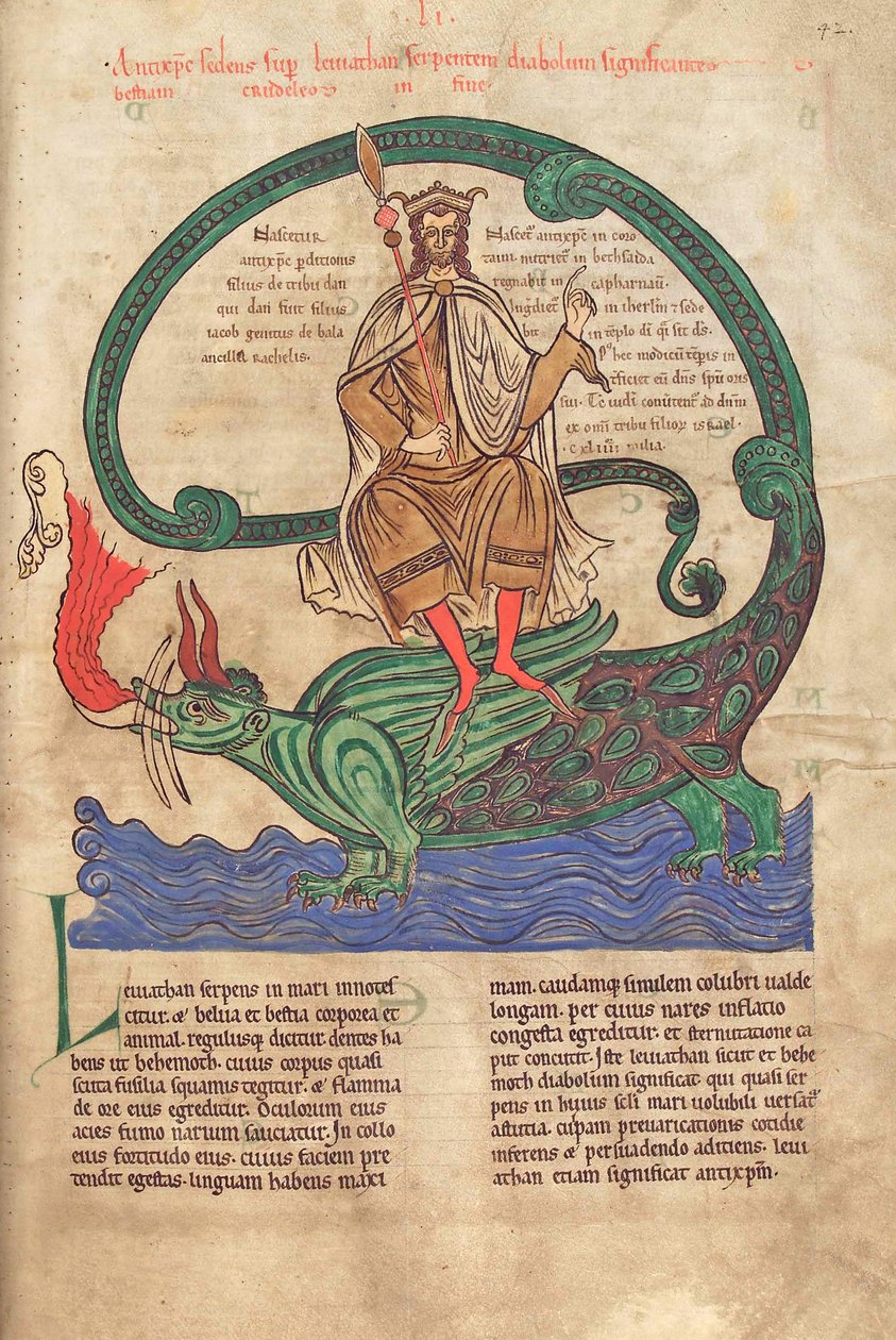 Tőkehal. Guelf. 1 Gud. lat. 42r, Antikrisztus a Leviatánon, a Liber Floridusból, Lambert de Saint-Omer 1120 körül alkotó: French School