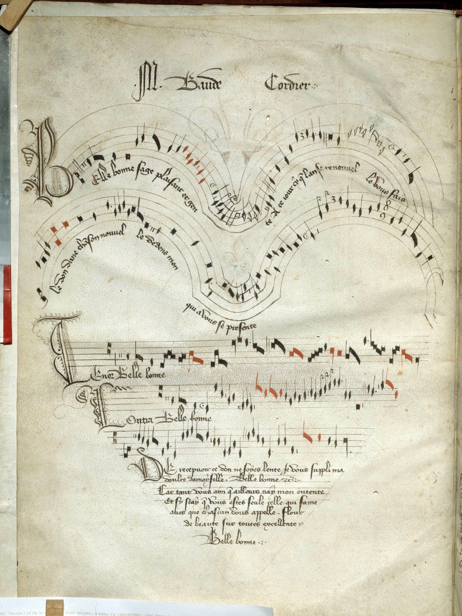 Balladák, motetták és dalok gyűjteménye Baude Cordier (1380-1440) fekete-kék-vörös hangjegyekkel ellátott zenei lap, 15. század eleji kotta. Chantilly, Conde Múzeum alkotó: French School