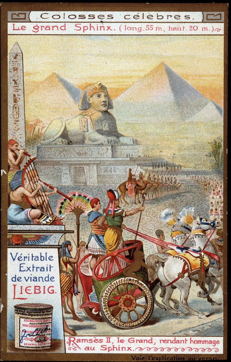 Híres kolosszus: a Nagy Szfinx (hosszú 55 m, magas 20 m): II. Ramszesz, a Nagy, a Szfinx előtt tisztelegve - Liebig kromolitográfia alkotó: French School