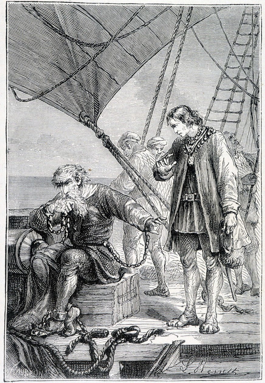 Kolumbusz gazembernek kötve (a hajófedélzeten), ill. "" Discovery de la Terre" - Jules Verne, szerk. Hetzel, n.d. 19. alkotó: French School