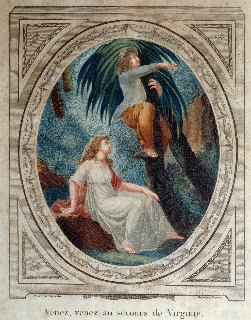 Gyerünk, segíts Virginiának. Illusztráció Bernardin de Saint Pierre (1737-1814) „Paul és Virginie” című regényéhez. Metszet 1790-ből. La Rochelle, Újvilág Múzeum alkotó: French School