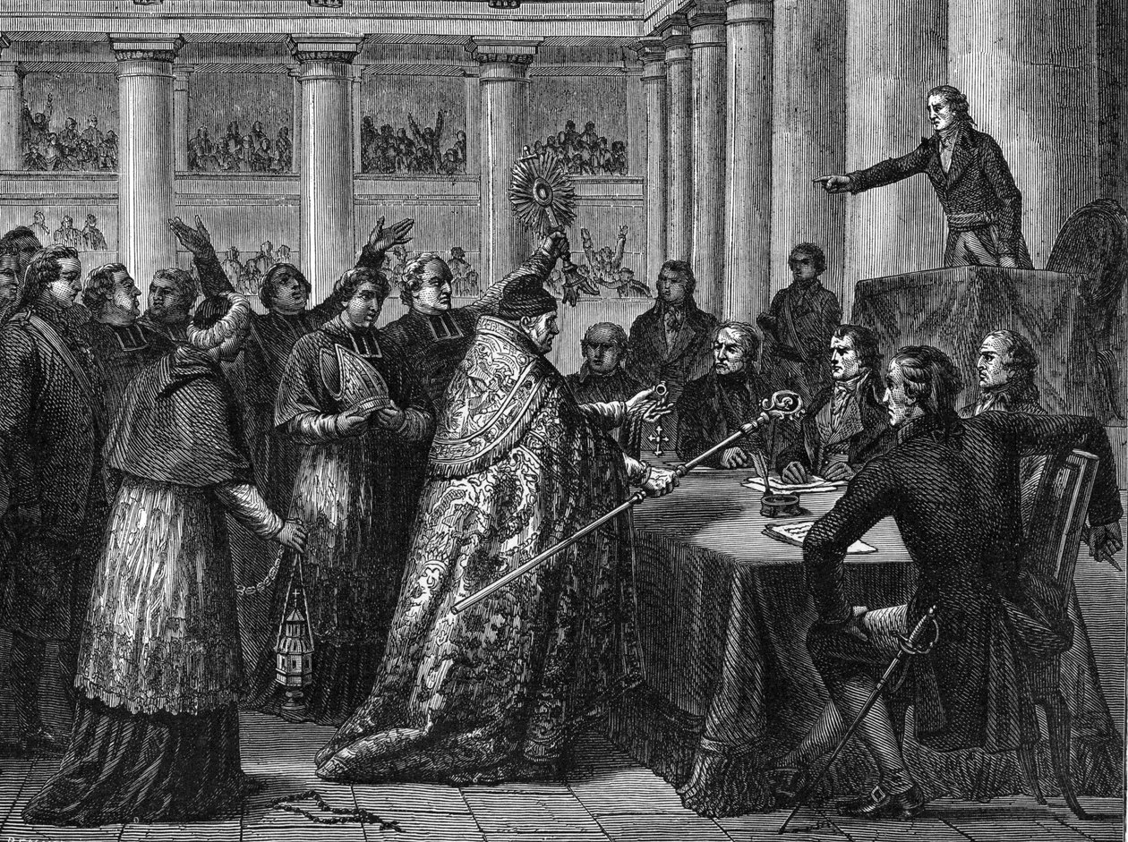 1801-es konkordátum – Franciaország (Bonaparte Napóleon jelenlétében) és a Saint Siege (Saint Siege) közötti konkordátum aláírása (metszet) alkotó: French School