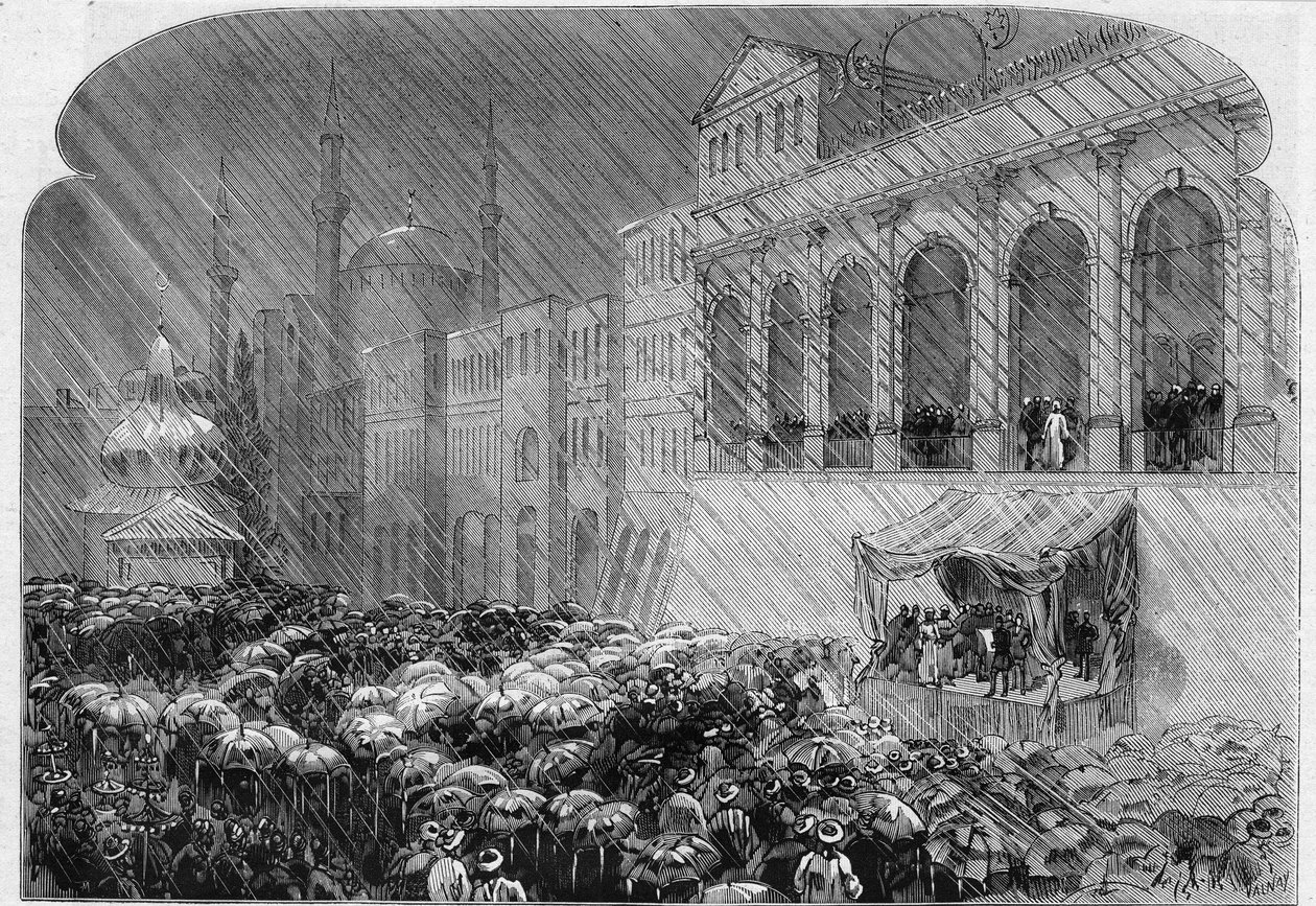 Konstantinápoly, 1876. december 23.: az oszmán alkotmány kihirdetése a Sublime Porte udvarán. Metszet a „” Le Monde Illustré”” 1031. számában, január 13 alkotó: French School