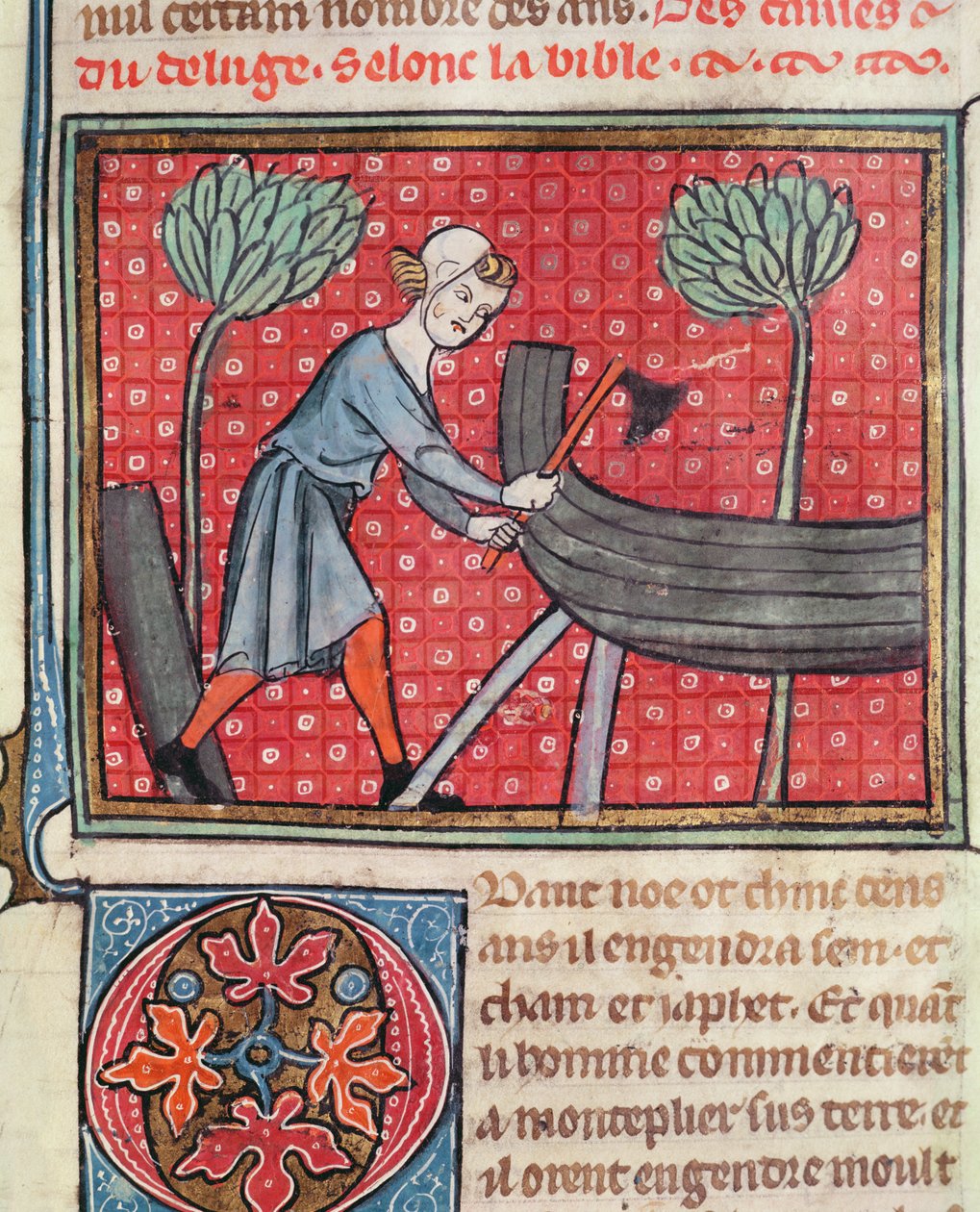 Hajó építése, Guiart des Moulins Bible Historiale-jából alkotó: French School