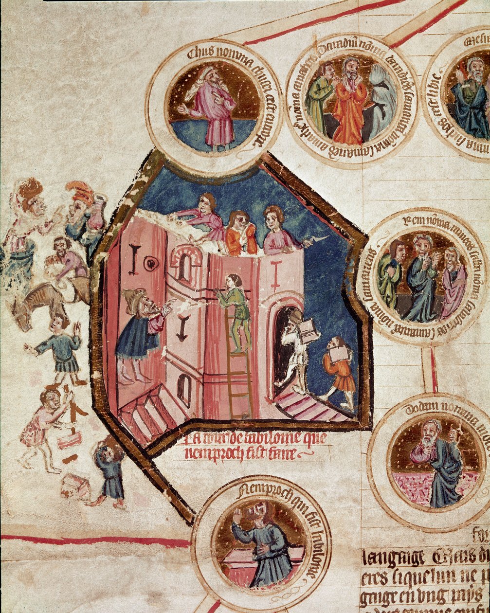 A babiloni Bábel tornyának építési helye Oldal a francia iskola "Genealogia de la Bible" című kéziratából. XIV. század Cremone, biblioteca governativa alkotó: French School