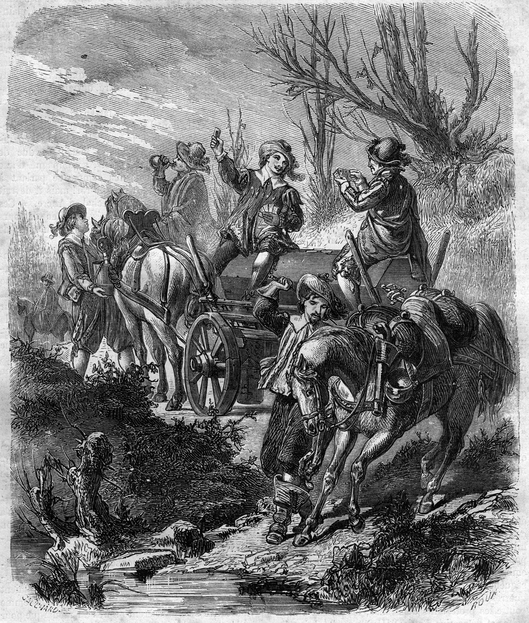 Károly konvoja, Albert márki, Luyne hercege (1578-1621) francia államférfi, rendőr és Luynes első hercege. Metszet a „Pápák-királyok-királynők és császárok története évszázadokon keresztül” című könyvébe, Maurice Lachatre alkotó: French School