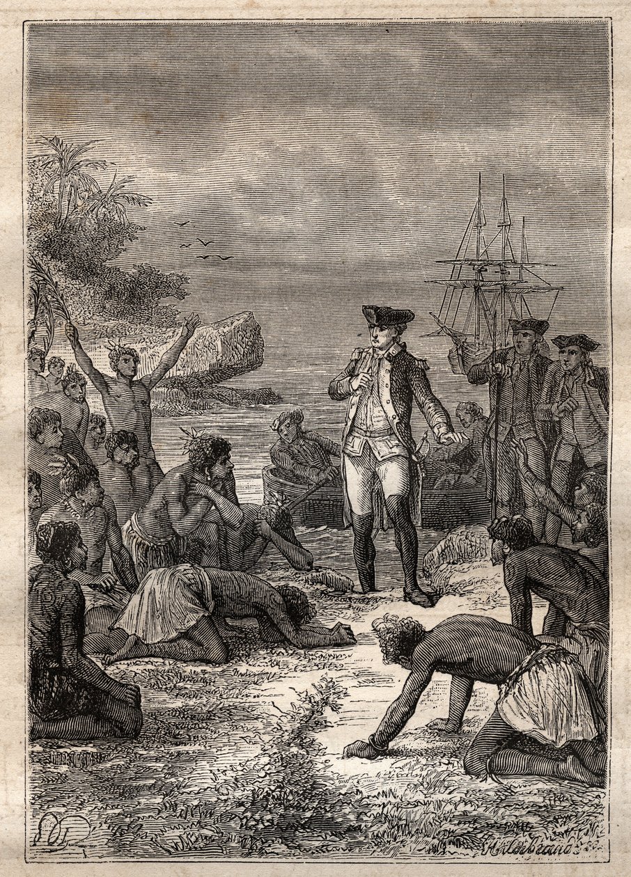 Cook fogadása a bennszülöttek részéről - James Cook harmadik útja - Cookot a bennszülöttek fogadták - James Cook harmadik útja a Csendes-óceánon - Illusztráció Jules Verne „A 18. század nagy tengerészei” című könyvéből alkotó: French School