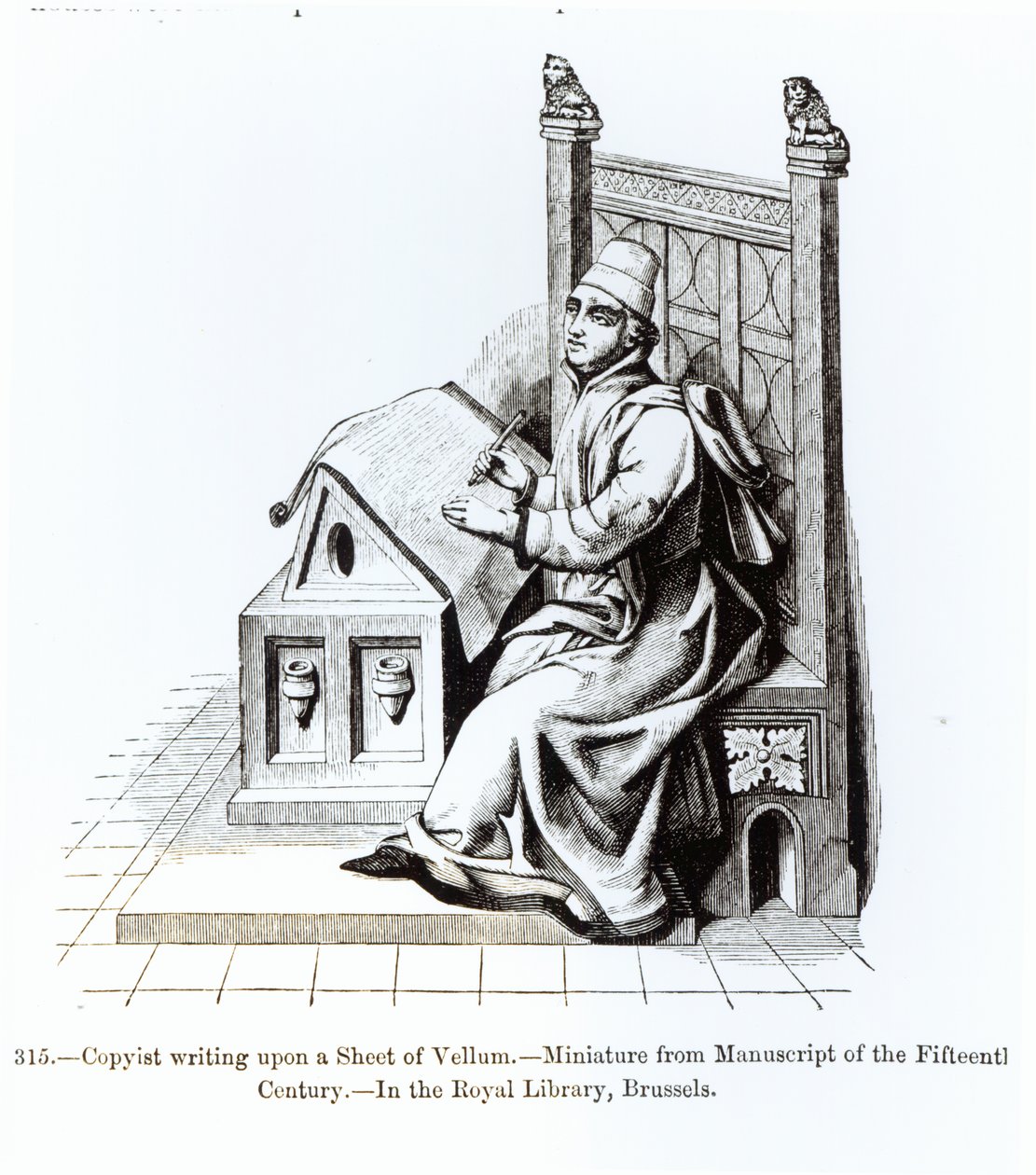 Copyist Writing on a Sheet of Vellum, egy kéziratból, illusztráció a Tudomány és Irodalom a középkorban és a reneszánszban, írta és metszett: Paul Lacroix, 1878 (bw p alkotó: French School