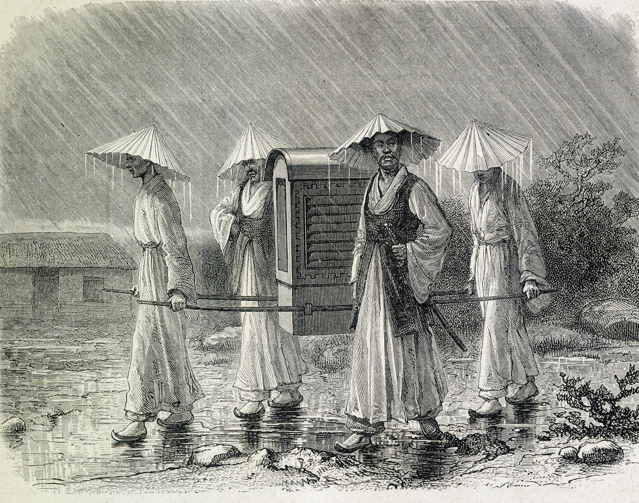 Coreens palanquin (a coreens esőöltönye) ruhák, melyben egy széket cipel. Az illusztráció H. Zuber úr, volt tengerésztiszt "Egy koreai expedíció" című művéből származik (1866) - a "Tour du Monde" című könyvből. alkotó: French School