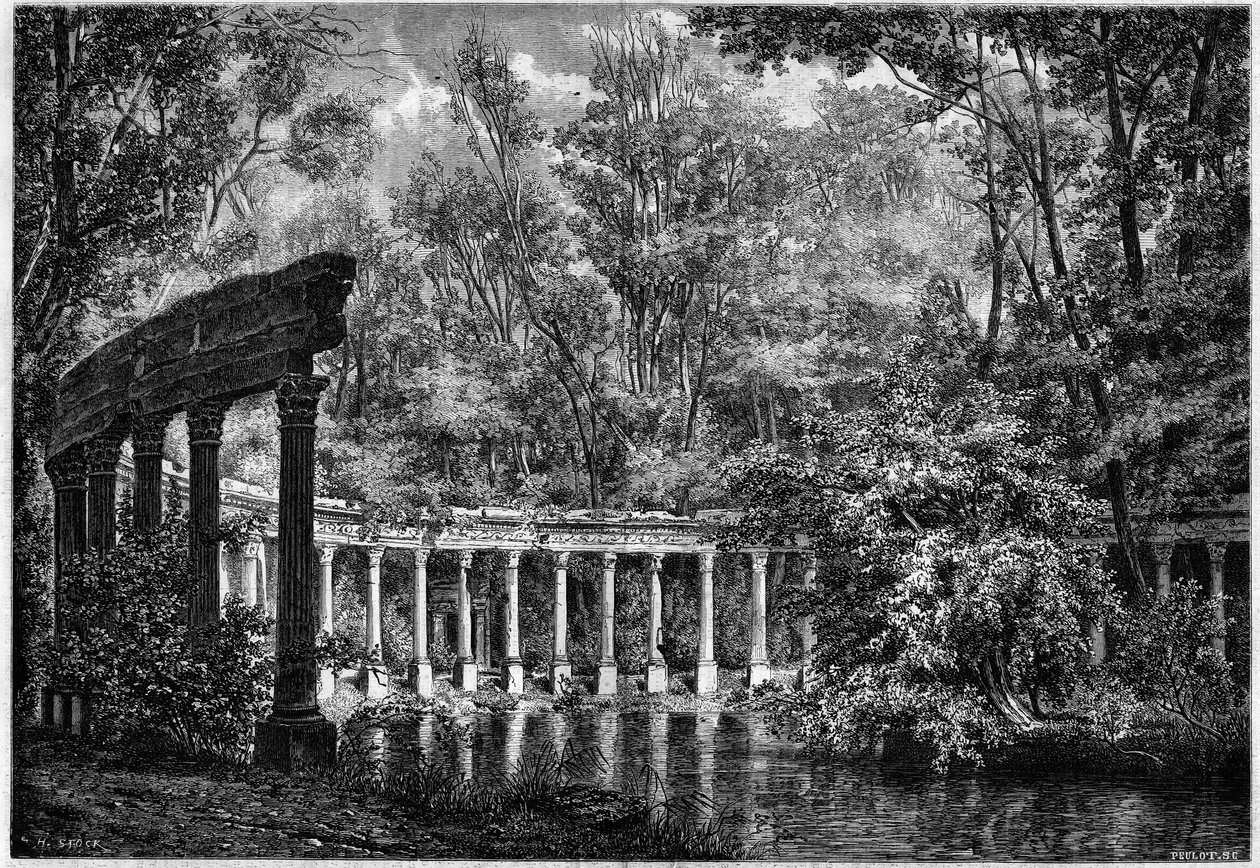 Korinthoszi oszlopsor az ovális medence körül a Parc de Monceau-ban, Párizsban alkotó: French School