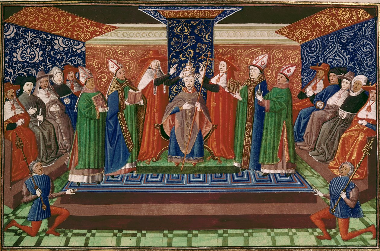 IX. Bonifác pápa megkoronázása, Froissart krónikája IV. kötetéből (vellum) alkotó: French School