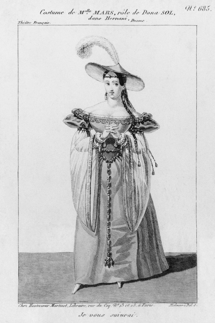 Jelmeztervező Mademoiselle Mars számára Dona Sol szerepében, Victor Hugo Hernani című filmjében alkotó: French School
