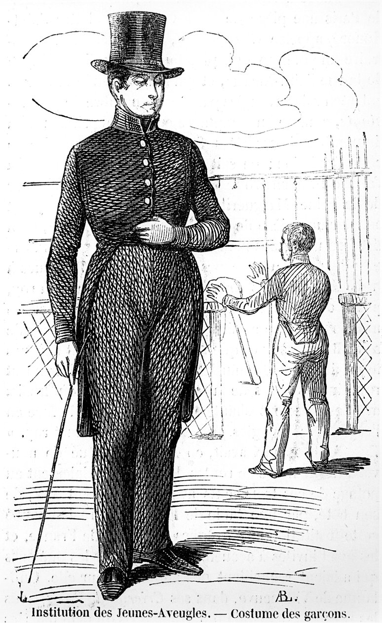 Edmond Texier: Fiúk jelmeze a Fiatal Vakok Intézetében, Tableau de Parisban, 1852-ben jelent meg. alkotó: French School