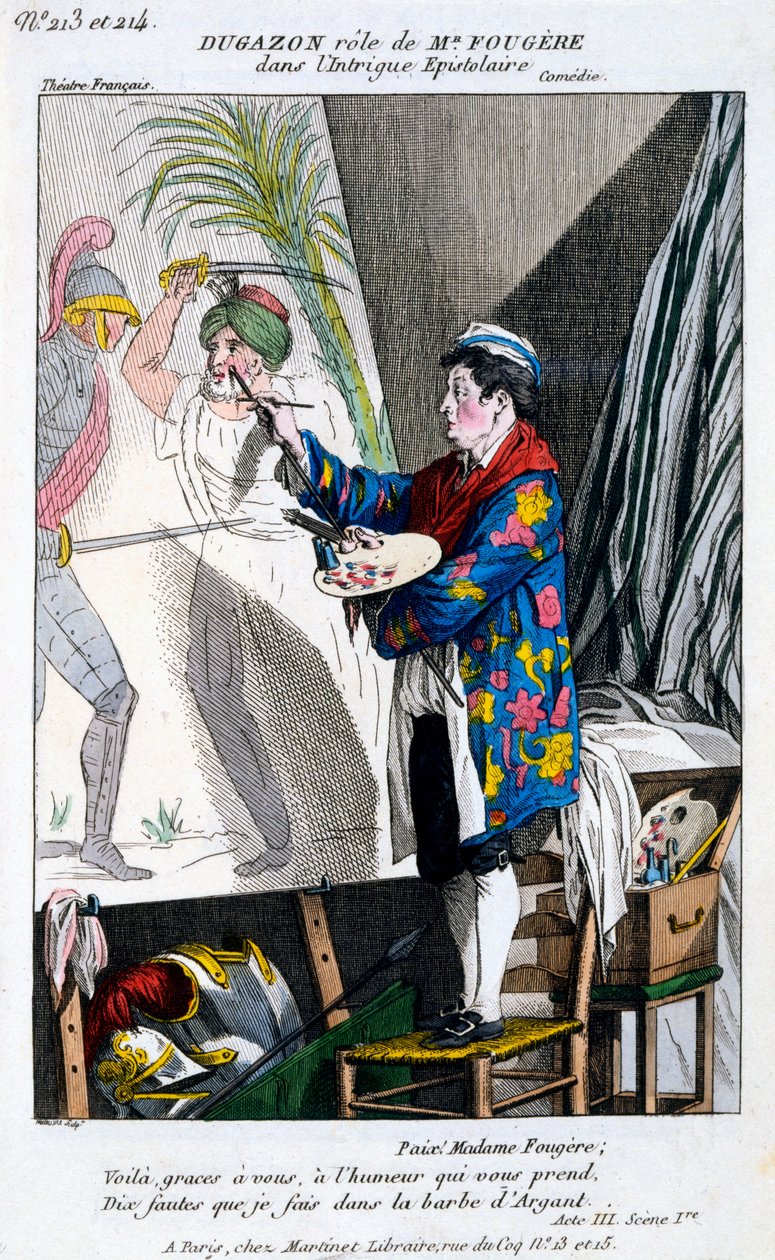 Dugazon jelmeze Monsieur Fougère szerepében a LIntrigue Epistolaire-ben, a Petite Galerie Dramatique-ból, 1796. alkotó: French School