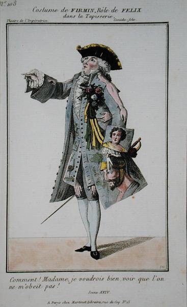 Firmin jelmeze Felix szerepében a La Tapisserie-ben, 108. tábla a "Petite Galerie Dramatique"-ból, kiadó: Martinet, Párizs. alkotó: French School