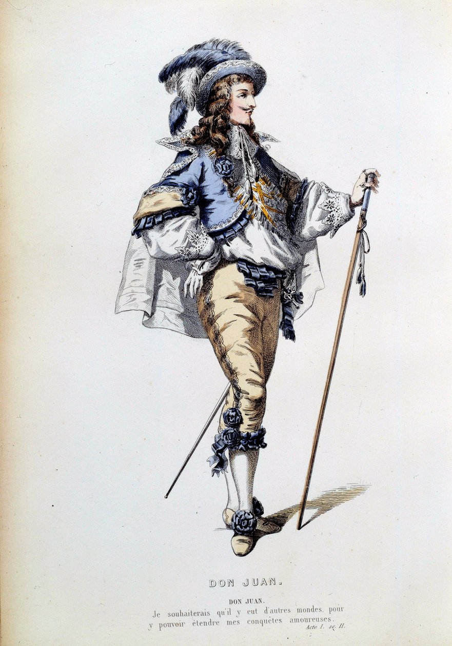 Jelmez Don Juan karakterének Jean Baptiste Poquelin dit Moliere (1622-1673) homonim darabjának I. felvonásának 2. jelenetében. Metszet a 19. századi Párizsról, Comedie francaise alkotó: French School
